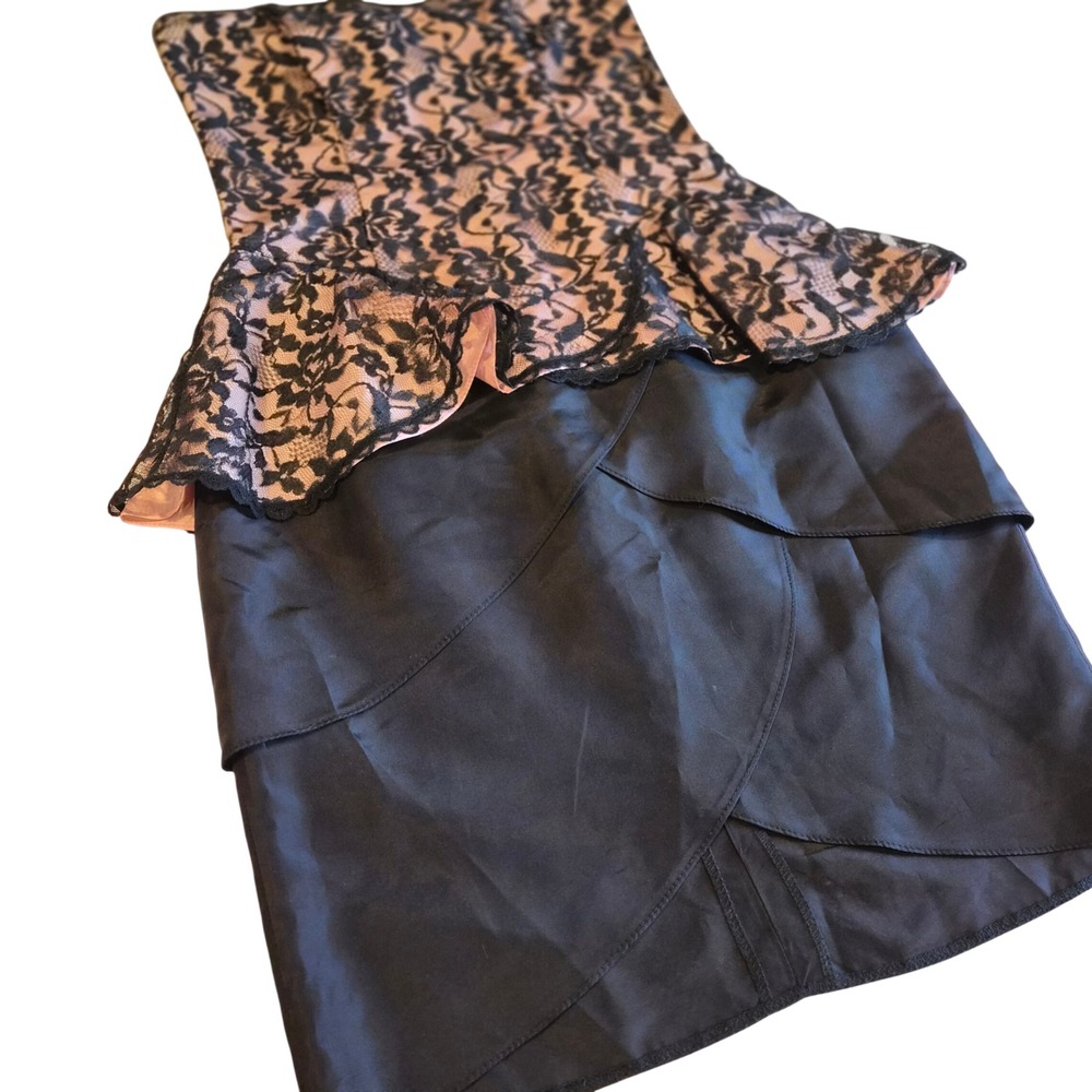 Vintage Gunne Sax Jessica McClintock Black Lace Peplum Cocktail Dress Pink 5